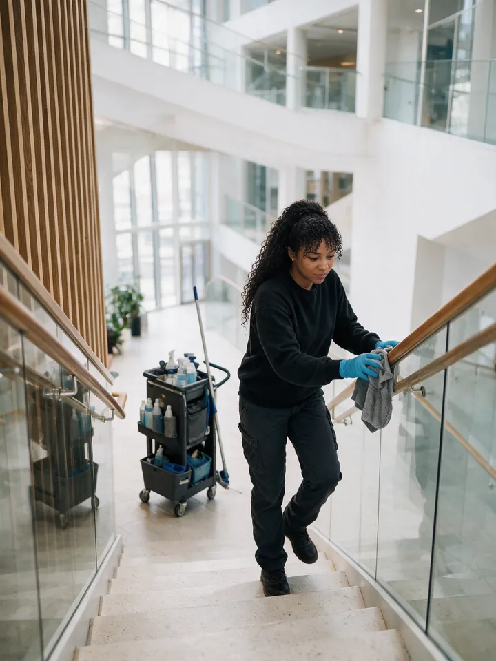 Illustrasjon: Miledis fra FeService rengjør rekkverket i en trappeoppgang